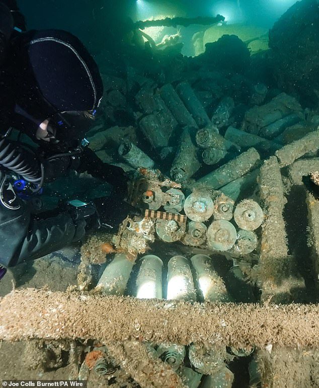 Один из водолазов осматривает сохранившиеся на морском дне 12-фунтовые боеприпасы.