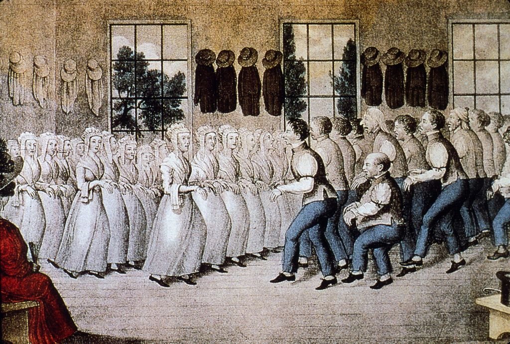 Иллюстрация XIX века: женщины в чепцах танцуют слева, мужчины танцуют справа в большой комнате с окнами.